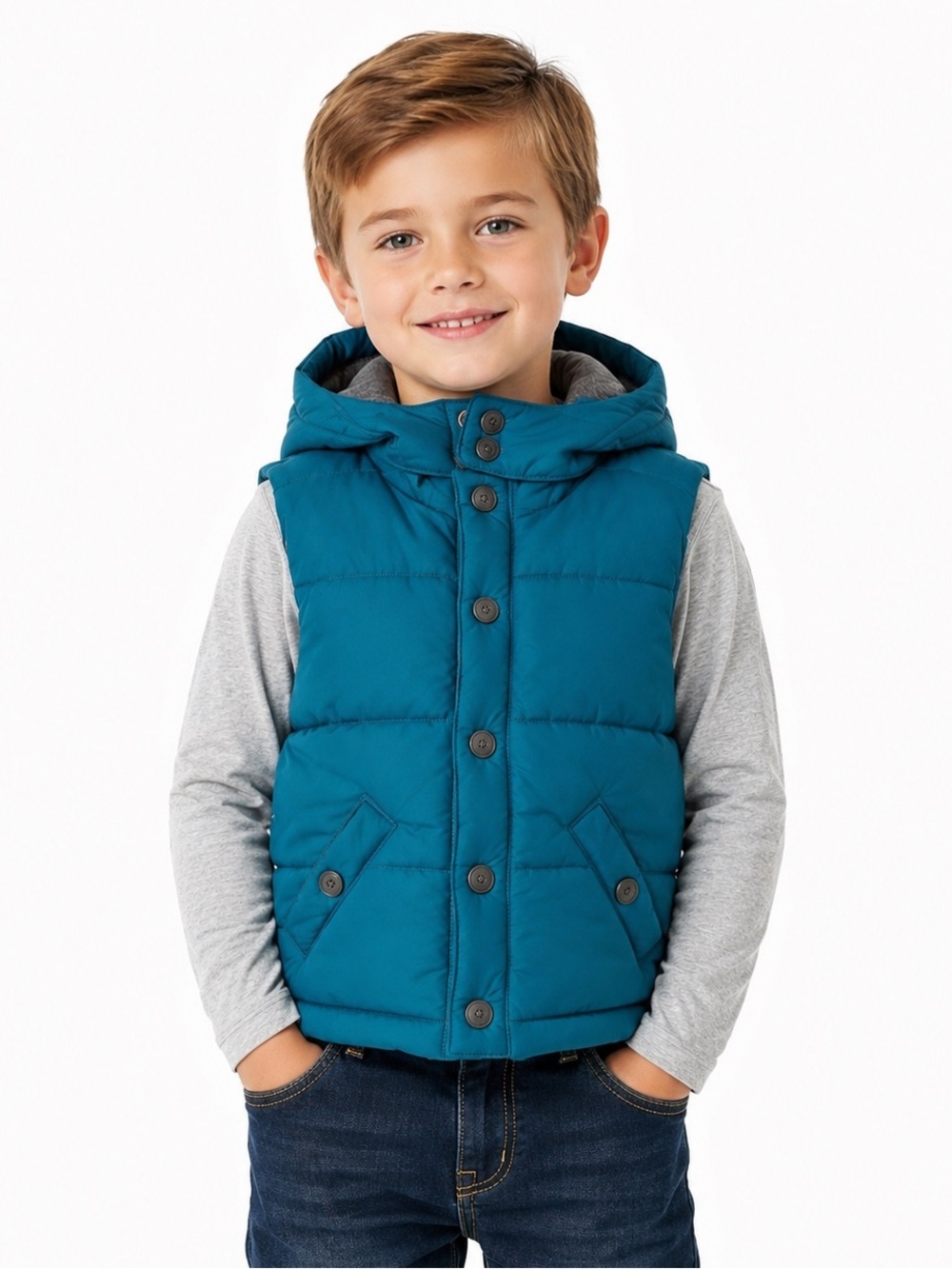 Janie and Jack Boys Ski Winter Collection Hooded Puffer Vest 6 Teal Grey
